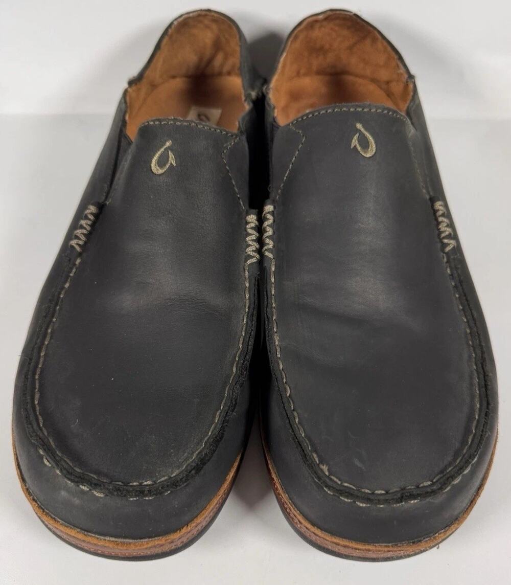 OluKai Moloa 10252 Men’s 13 Black Leather Slip On Slippers Loafers Shoes